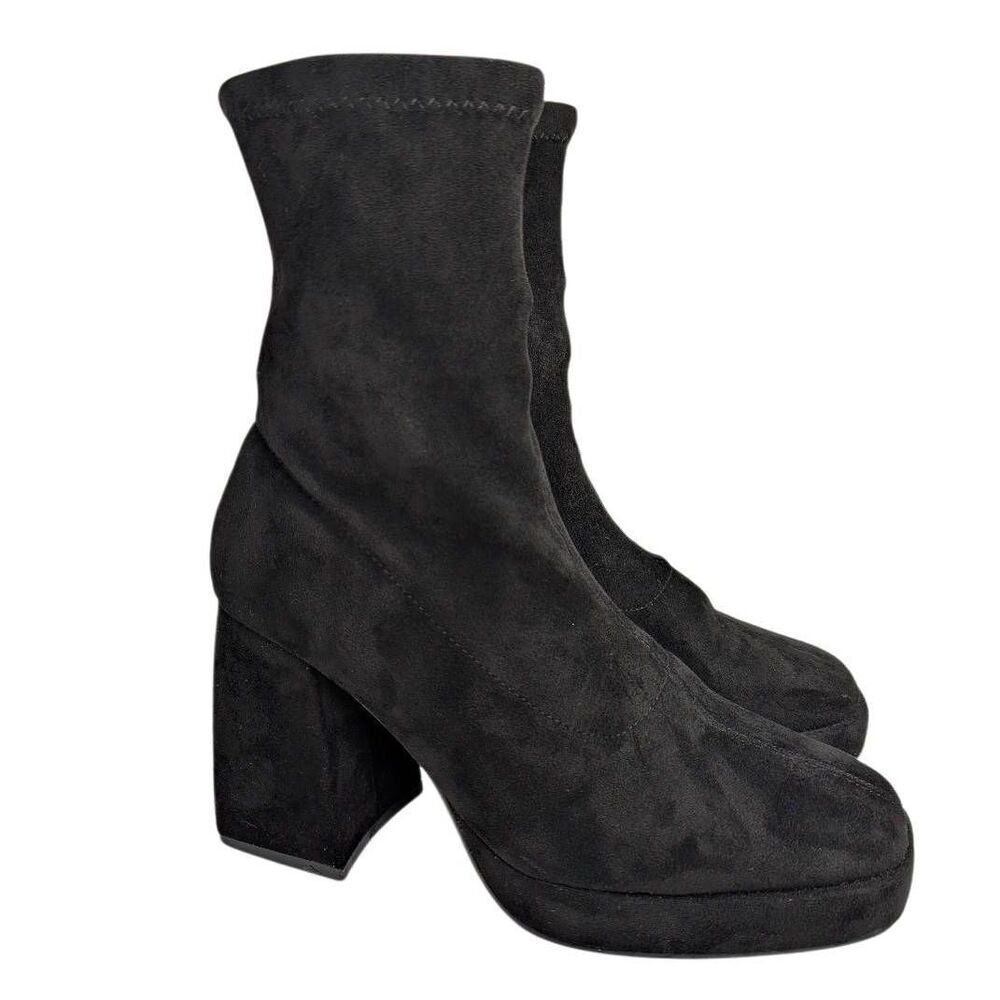Nasty Gal Black Stretch faux suede sock platform block heel bootie womens 9